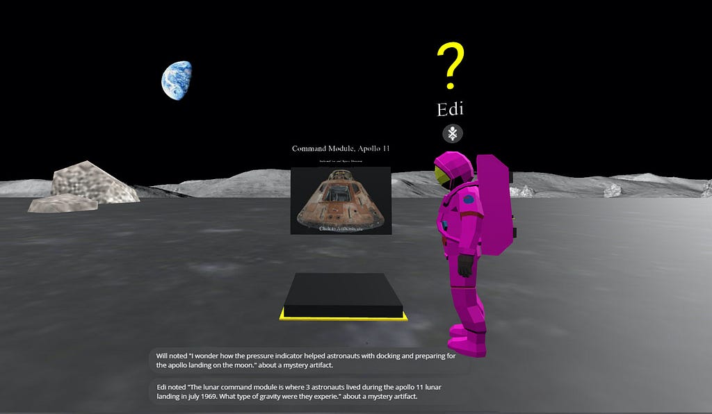 A magenta spacesuit-wearing avatar stands to the side of a picture of the Apollo 11 lunar capsule, which is floating above a black platform with a bright yellow border. A yellow question mark and the player’s name (Edi) are floating above the avatar’s head. To the bottom of the screen is text sharing notes that players have entered. In the background are moon boulders and a far away view of the Earth against a black sky.
