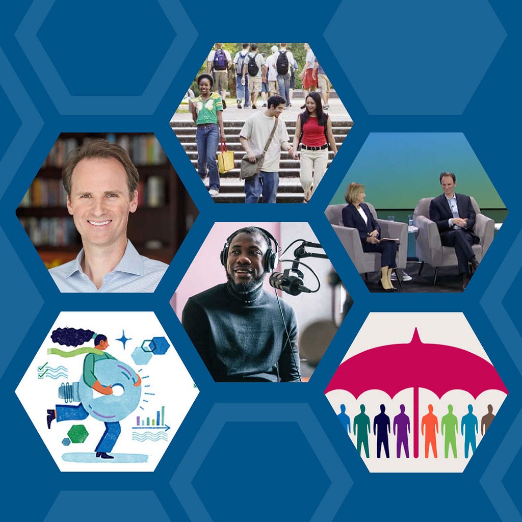 Collage featuring images of our President, John Palfrey, students in front of a staircase, a man speaking into a microphone, an illustration of a woman holding a key, and animated people of different colors standing under an umbrella.