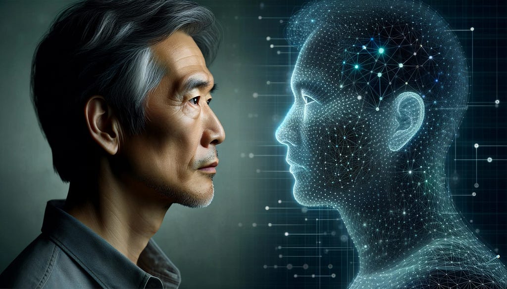 An asian man looking at his digital twin, that resembles a hologram, composed of a matrix of blue dots.