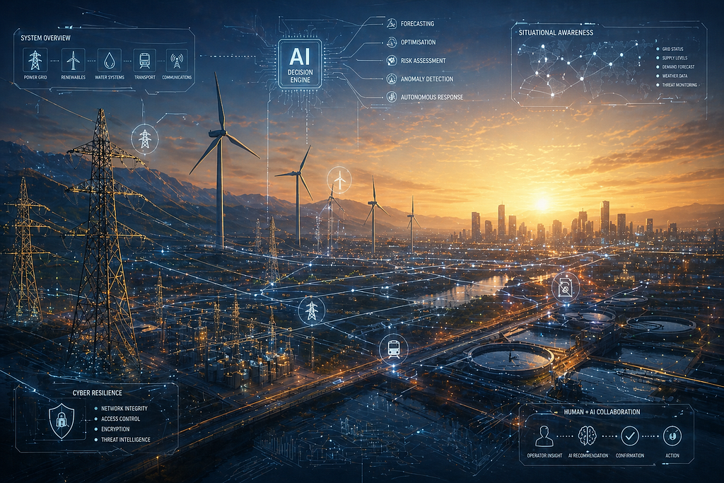 A wide cinematic scene showing a modern city skyline, power lines, wind turbines, and water infrastructure at sunrise. Blue and amber lighting spread across the landscape while glowing digital network lines and AI-style blueprint overlays connect the systems together, symbolizing intelligent coordination across critical infrastructure.