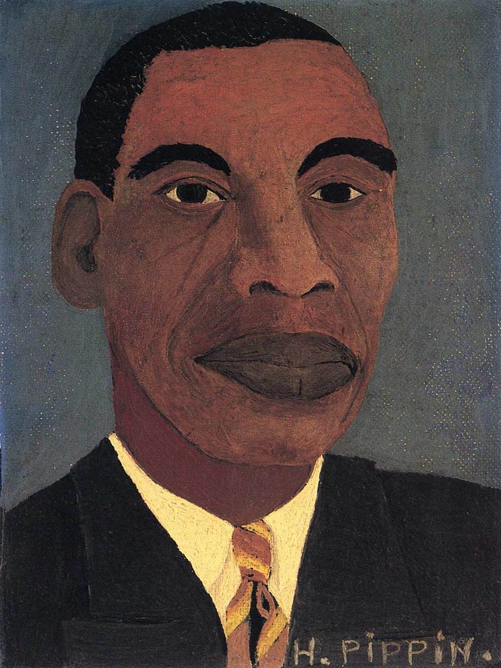 A self-portrait oil painting of Horace Pippin, staring in a dark suit with a striped brown and yellow tie.