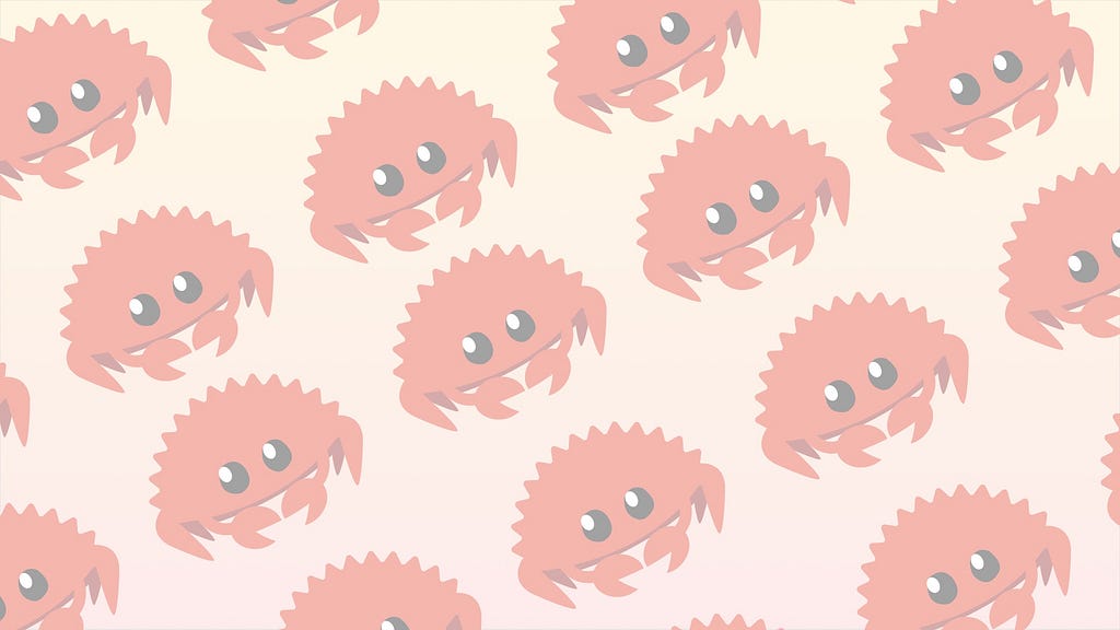 Repeating pattern of a cute cartoon crab named Ferris (the Rust programming language mascot) over an orange gradient