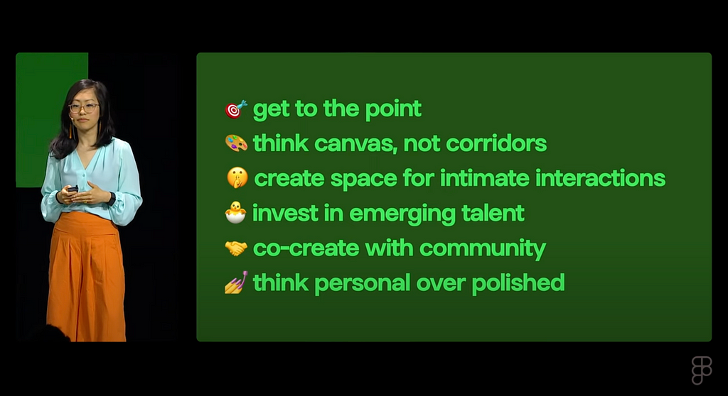 Linktree CPO Jiaona Zhang presents at Config 2024, standing next to a slide listing key principles for engaging Gen Z: “get to the point, think canvas not corridors, create space for intimate interactions, invest in emerging talent, co-create with community, think personal over polished.”