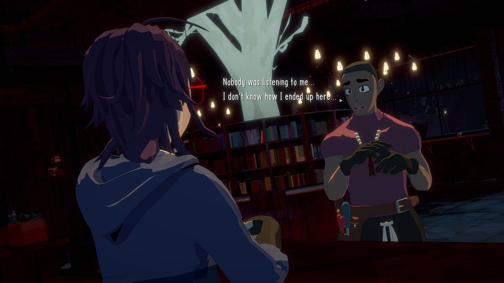 Screencap from Necrobarista, showing Kishan saying, “Nobody was listening to me… I don’t know how I ended up here…”