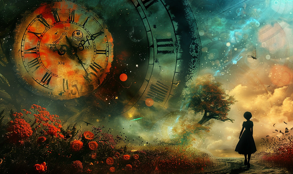 Silhouette of woman in dress standing near a bed of red flowers in front of gigantic apocalyptic clock filling the horizon