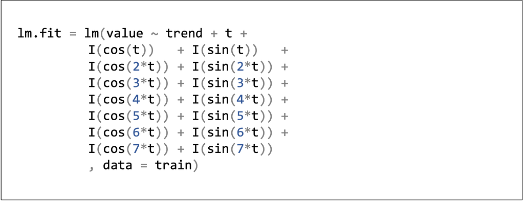 R code: lm.fit = lm(value ~ trend + t + I(cos(t)) + I(sin(t)) + I(cos(2*t)) + I(sin(2*t)) +… (and so on up to 7), data = train)