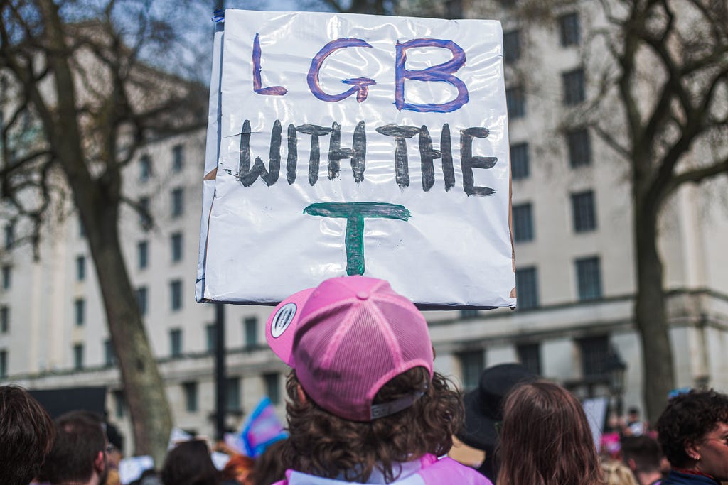Building in the background. Protest sign held by person with brown curly shoulder length hair, wearing a pink snap back. The Sign is a white rectangle that says ‘L G B with the T’.