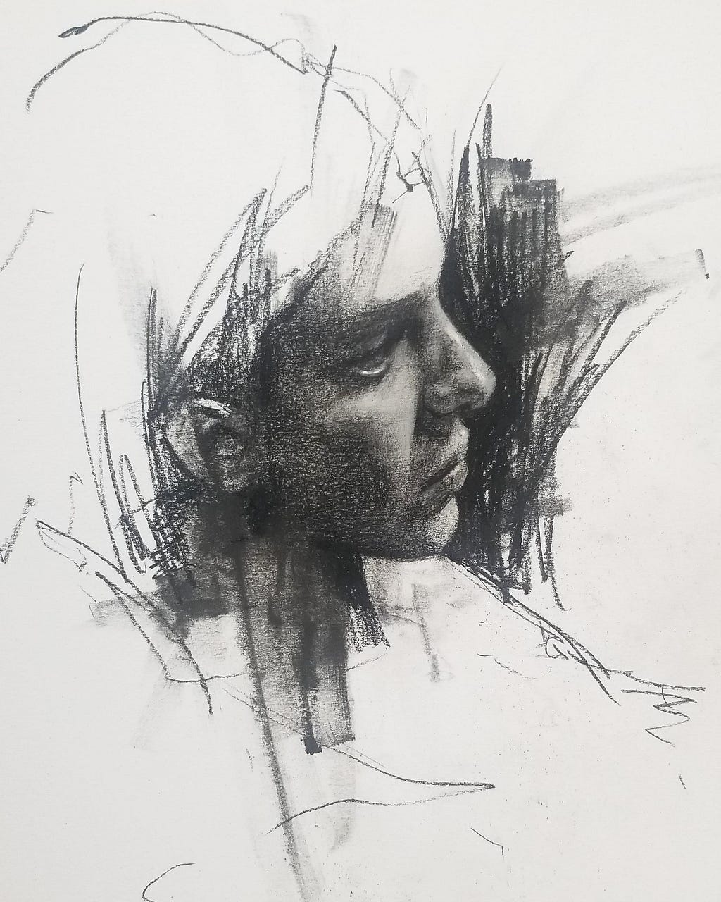 Pencil sketch of a contemplative face in profile. Loose lines and shading suggest depth and introspection, with abstract elements in the background.