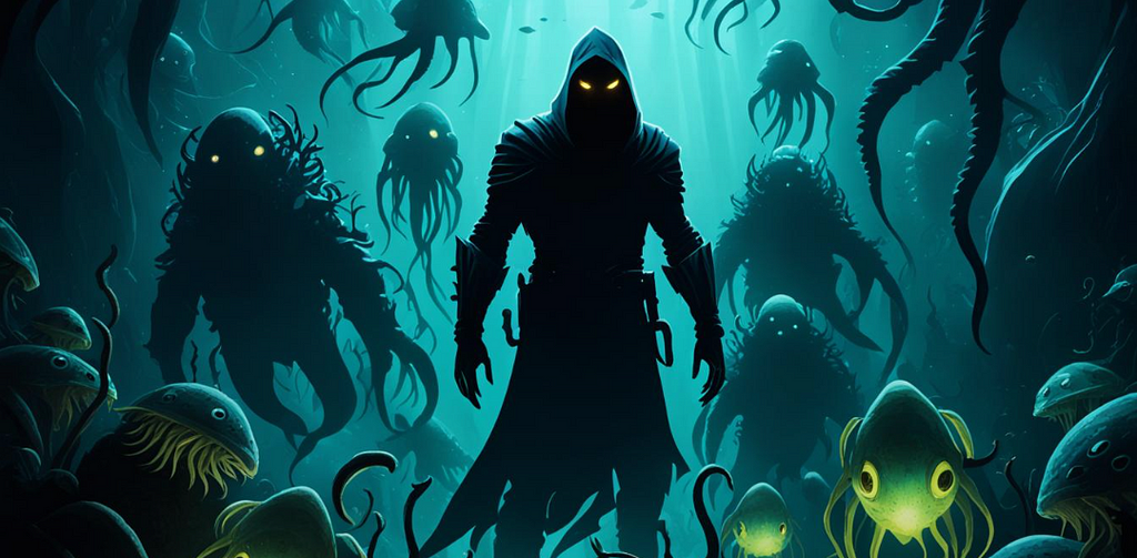 A shadowy figure lurking in the depths, surrounded by bioluminescent creatures.