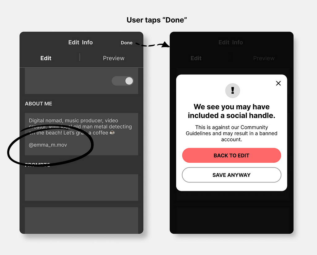 This redesign warns users in a pop-up message that they may get banned if they add a social media handle to their bio.