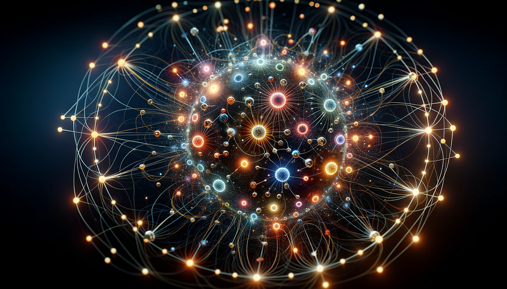 Prompt: Create an image called “Connecting the dots — the bigger picture” in the context of the physics of electric charge. Result: “The image is visually representing the complex interactions of electric charges in physics.”