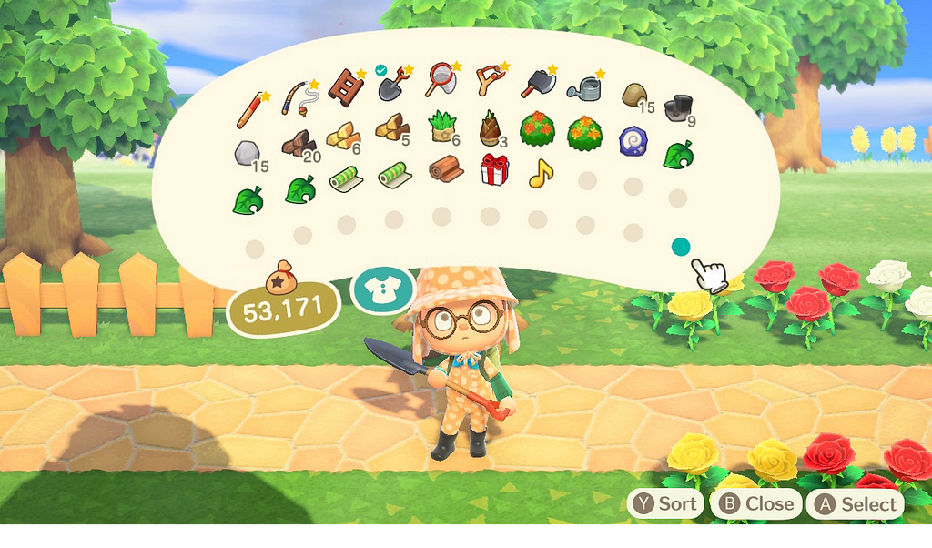 An Animal Crossing personal inventory is shown. It is now organized and no longer scattered. It has been sorted by type.