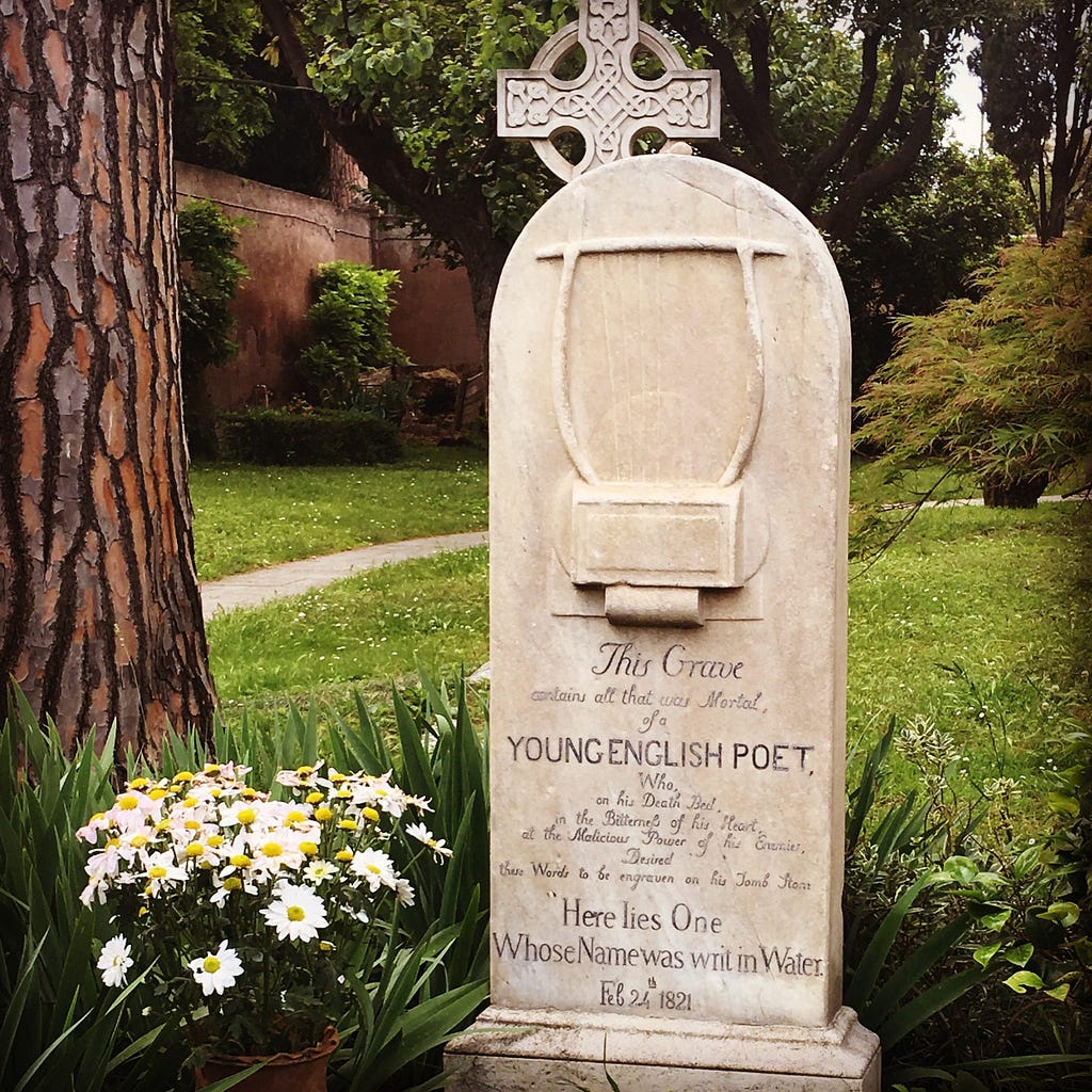 An image of John Keats’s Gravestone in Non- Catholic Cemetery, Rome, Italy