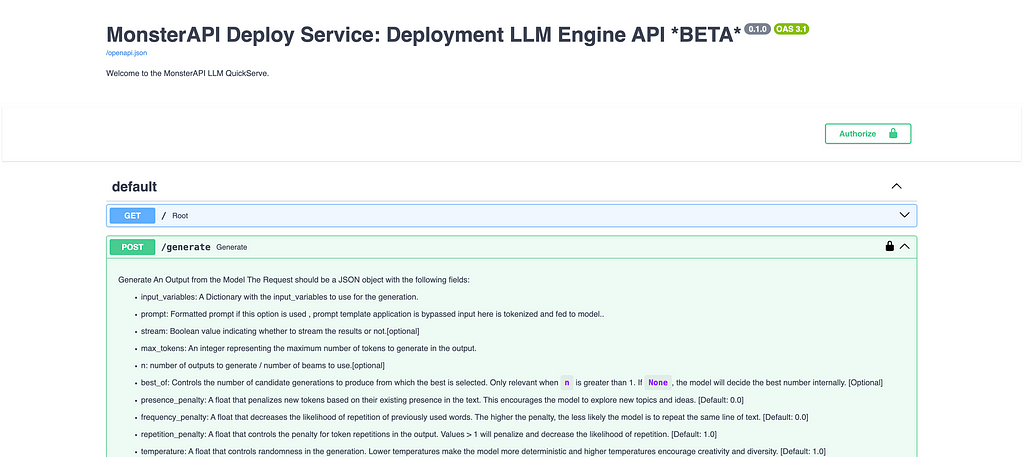 Model deployment end-point documentation.