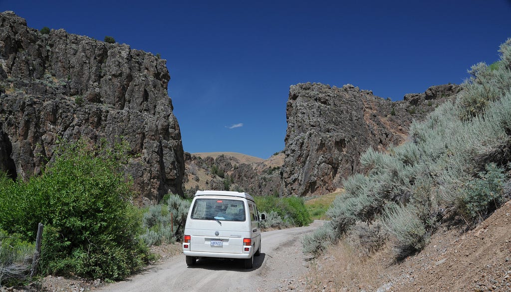 The single-lane dirt road winds through canyons on the northern route from Wild Horse Reservoir to Jarbidge.