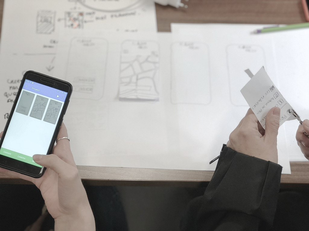 People creating a prototype with a phone and paper