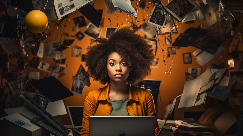Black woman sitting behind a Macbook with books, electronics spiraling behind her.