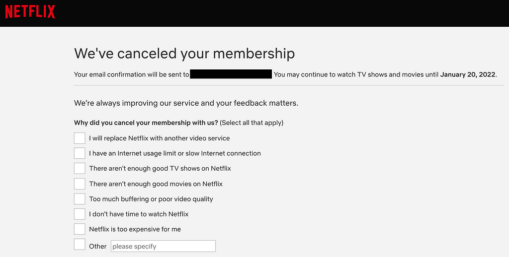 A screenshot of a multiple-choice survey by Netflix asking why I decided to cancel my membership.