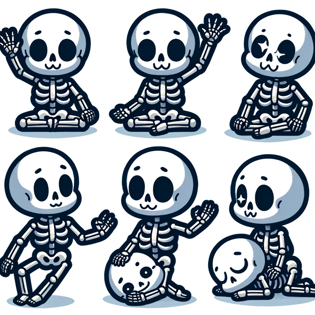 Illustration of a sticker sheet where a skeleton character with identical features is in different poses. The skeleton is seen waving, sitting cross-legged, lying down, and stretching. The facial and body features of the skeleton remain consistent across all poses.