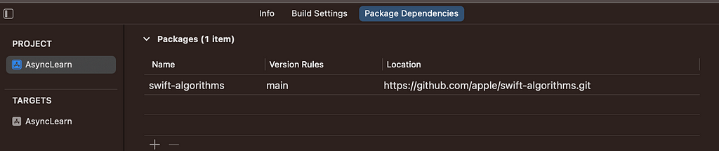 Xcode project package dependencies panel