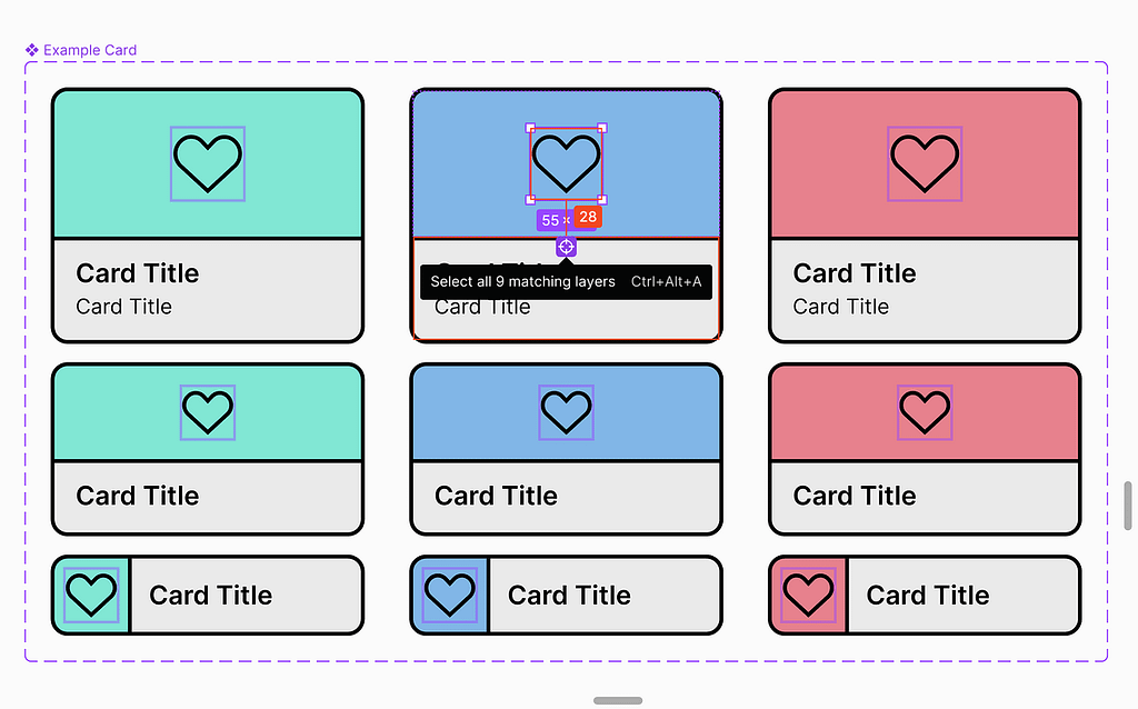 Figma card component with a heart icon selected and the ‘Select matching layers’ target symbol appearing below the selected heart icon