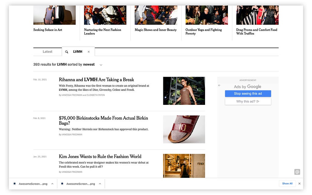 Screen shot of module tab function on New York Times website