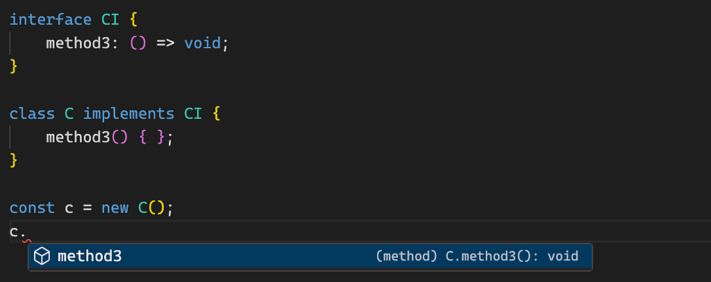 Typescript suggests only the methods that class implements from the updated interface