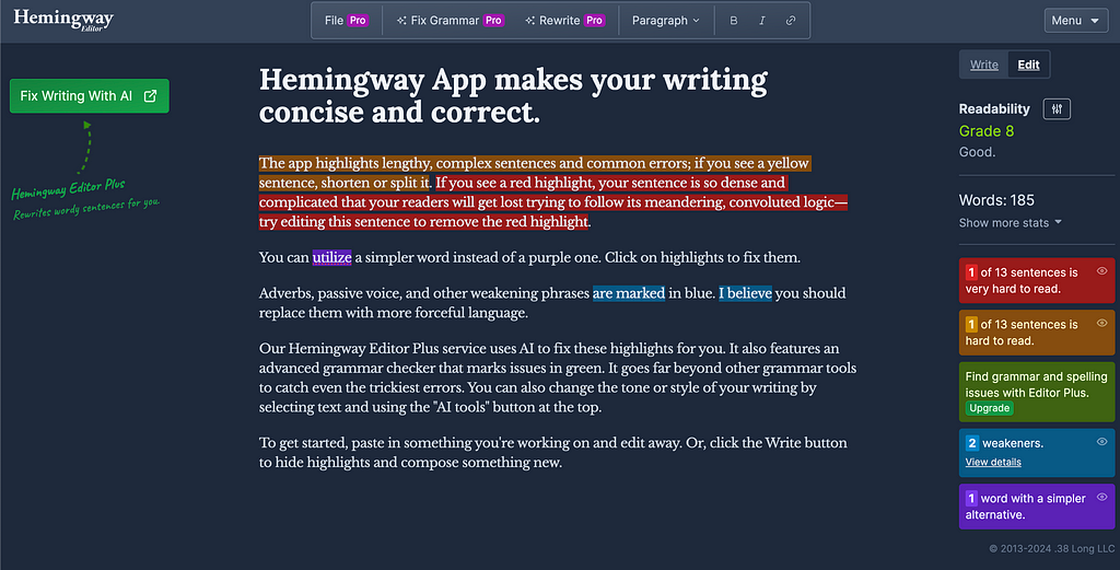 Hemingway App AI proofreader