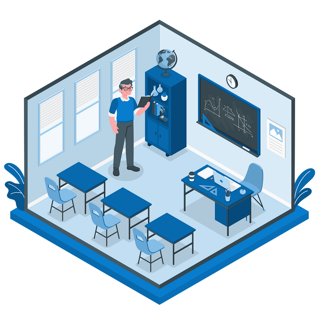 Teacher+Teaching+Classroom+Blackboard+Desk+Bench+blue