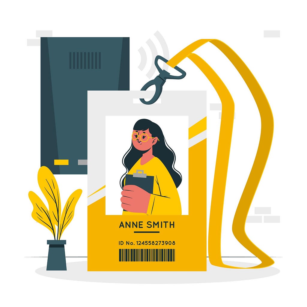 Illustration of a staff ID badge. It shows a mid shot of a woman with yellow glasses and dark hair with Annie Smith, an ID number and barcode printed beneath