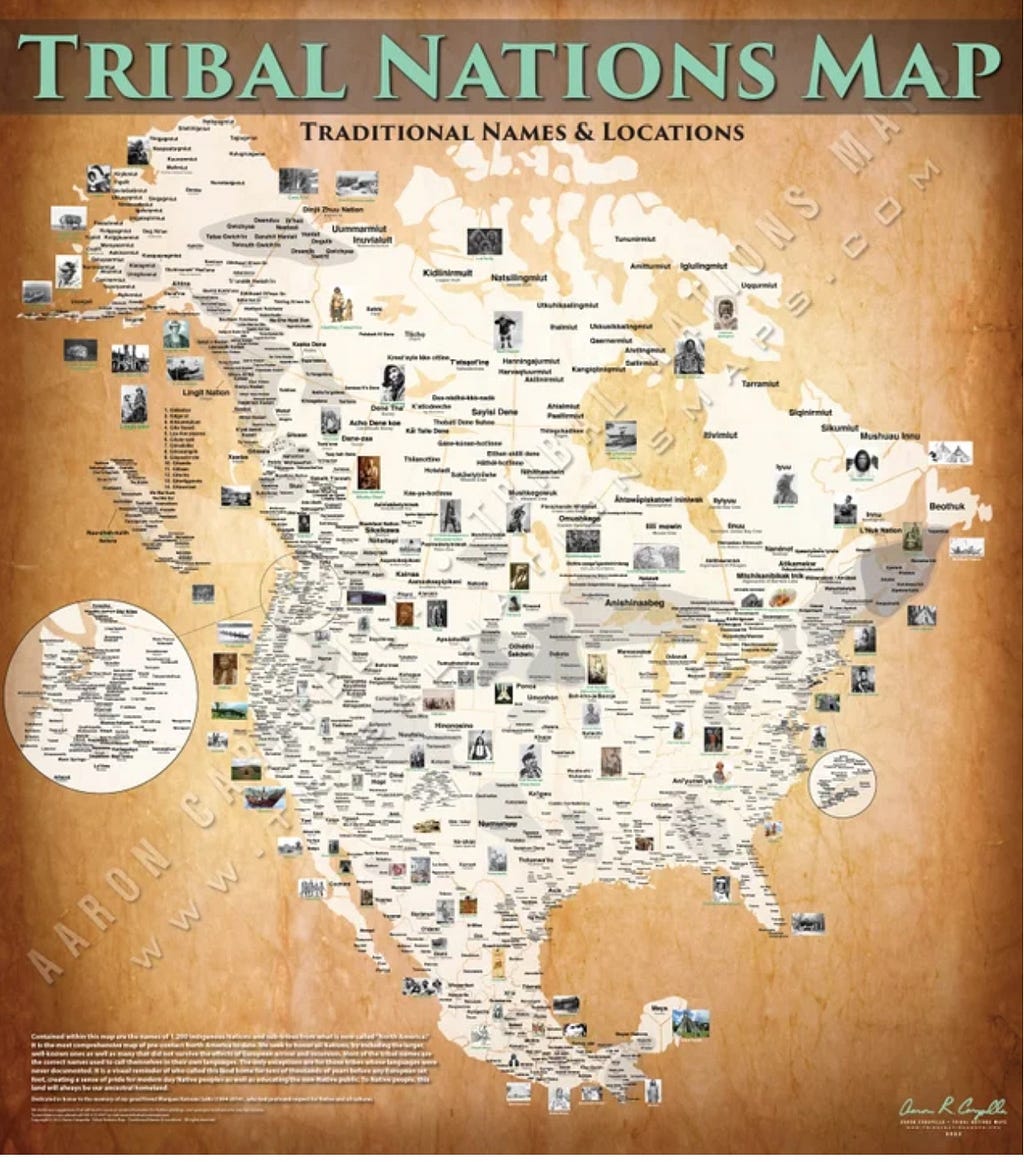 A map of indigenous peoples of North America, in the people’s languages. Sepia to ivory tones.