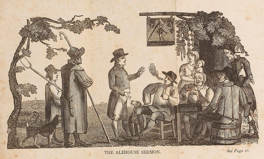 Black ink etching with the title “The Alehouse Sermon” depicting a short, stout gentleman thought to be James Parkinson (for whom Parkinson’s disease was named) standing outside under a sign surrounded by people looking at him as he speaks. There are two dogs and one baby present. One man smokes, three sit at a table, and a man and boy hold farming implements.