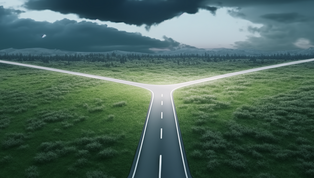 Three deserted roads diverge under a stormy sky.