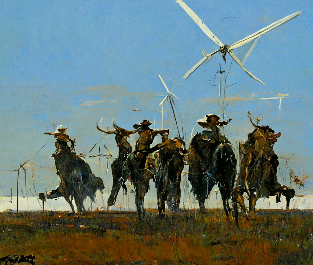 Cowboys rounding up cattle with wind turbines in the background in the style of Frederic Remington
