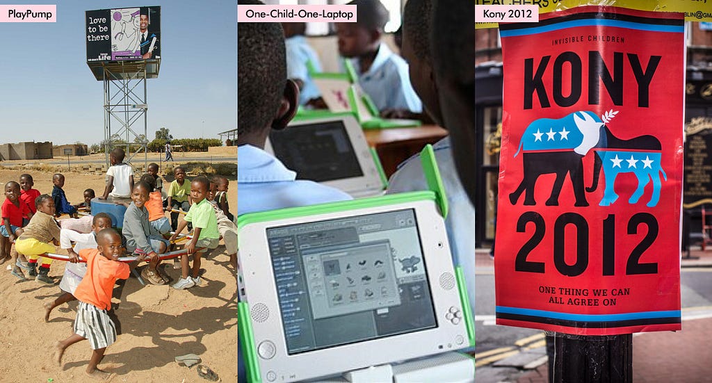 Three photos. The first on the left is of PlayPump. The middle is of One-Child-One-Laptop. And the final is of a poster from Kony 2012.