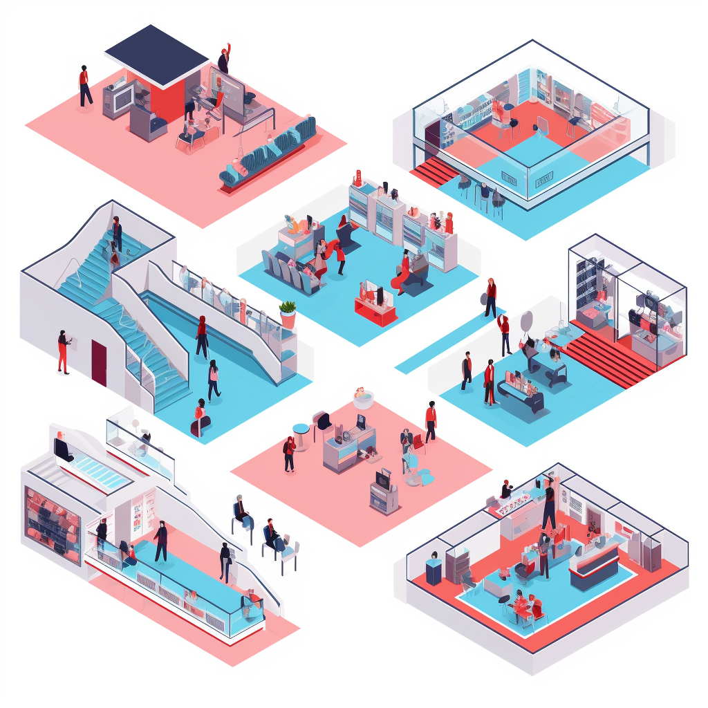 A isometric style buildings and interiors