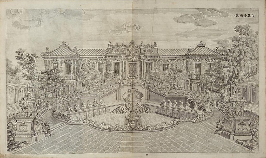 Low-profile palace. Nautically-themed pool and fountain in front, with central scallop shell and ornamental fish prominent. Six squatting ornamental figures to each side of the pool have animal heads and hold implements, including a fan, a staff, and a bow and arrow.
