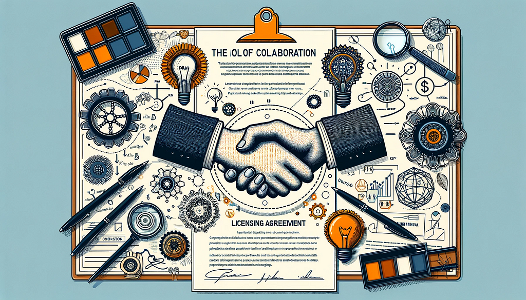 A depiction of collaboration in fashion, featuring handshake symbols, joint design sketches, and licensing agreement documents, symbolizing partnerships and shared creativity in fashion design and the importance of protecting shared intellectual property.