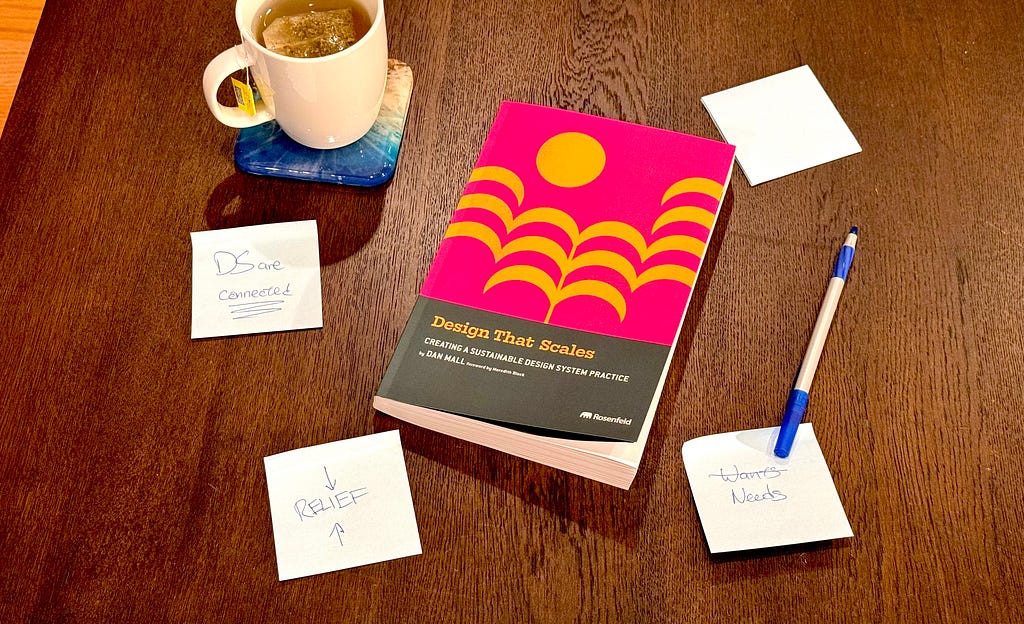 Dan’s book on a coffee table surrounded by Post-It notes and cup of tea