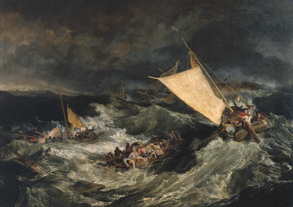 A dramatic landscape painting by J. M. W. Turner featuring ships on stormy seas