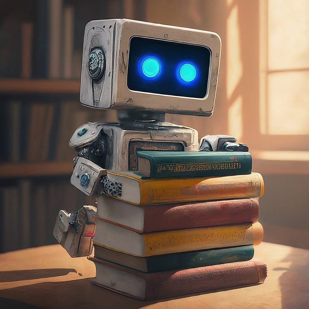 A picture of a small robot with books