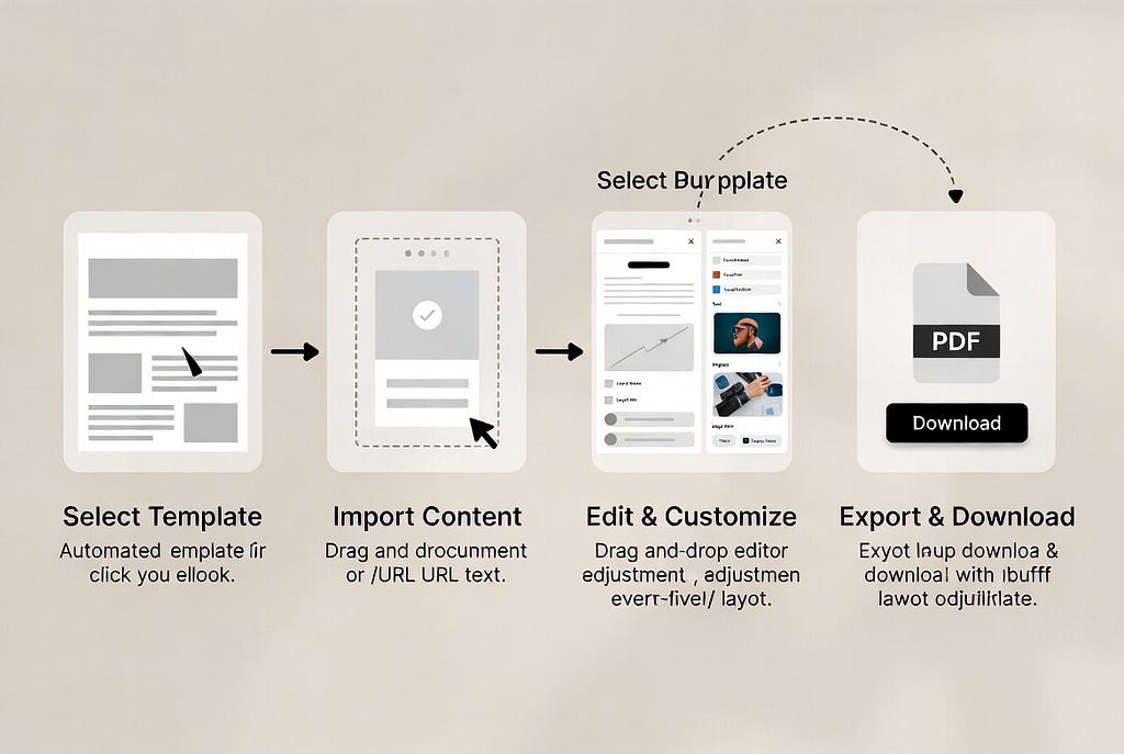 Workflow diagram showing the step-by-step ebook creation process from template selection to PDF export.