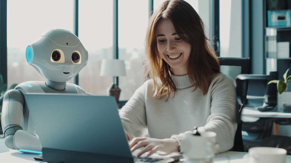 photo taken with a phone camera of a smiling caucasian woman working on her laptop in an office environment with a futuristic humanlike robot helping her.