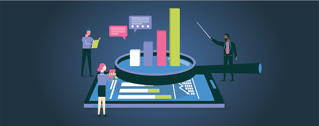 Illustration of business people looking at a giant graph