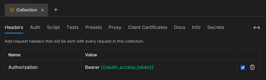 Screenshot of the Bruno API client showing the header configuration tab of a request collection.