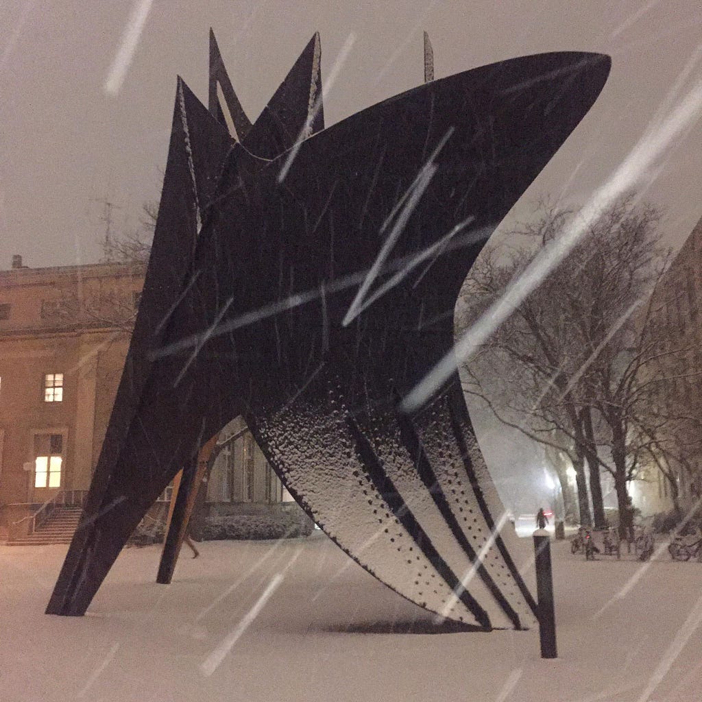 LA GRANDE VOILE (THE BIG SAIL) by Alexander Calder, standing elegantly during the first snow of this winter.