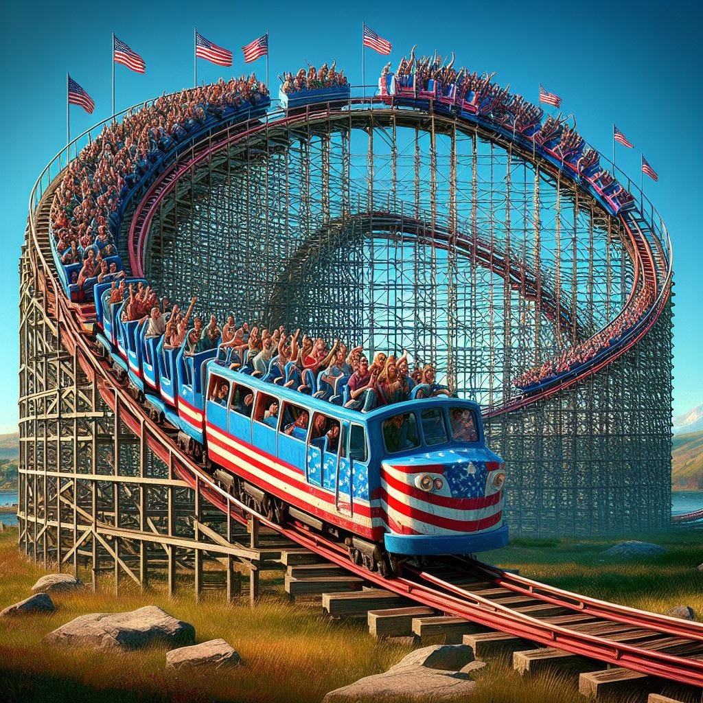 AI generated large wooden roller coaster with hundreds of passengers in train-like cars painted like an American flag, with a dozen American flags (on flagpoles) flying in the background