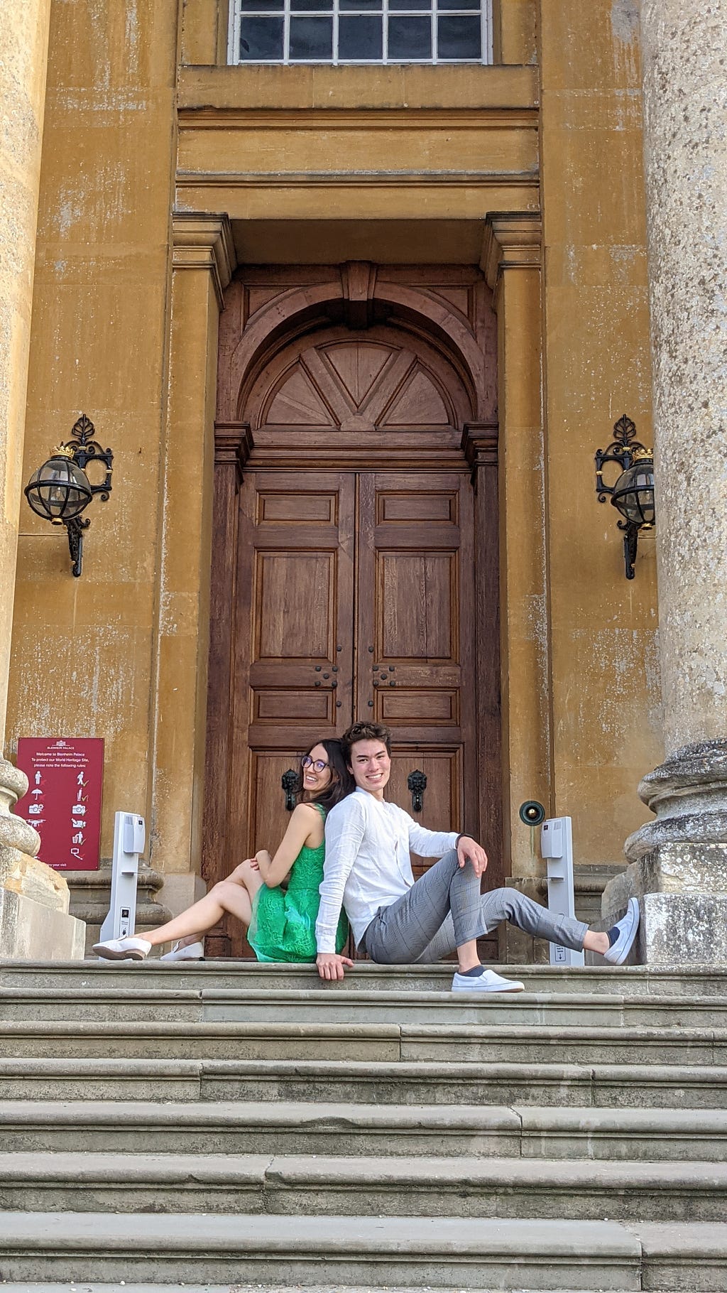 WWU student Nate Jo and his sister, Jenny Jo Rallens, sit atop the steps leading to Blenheim Palace