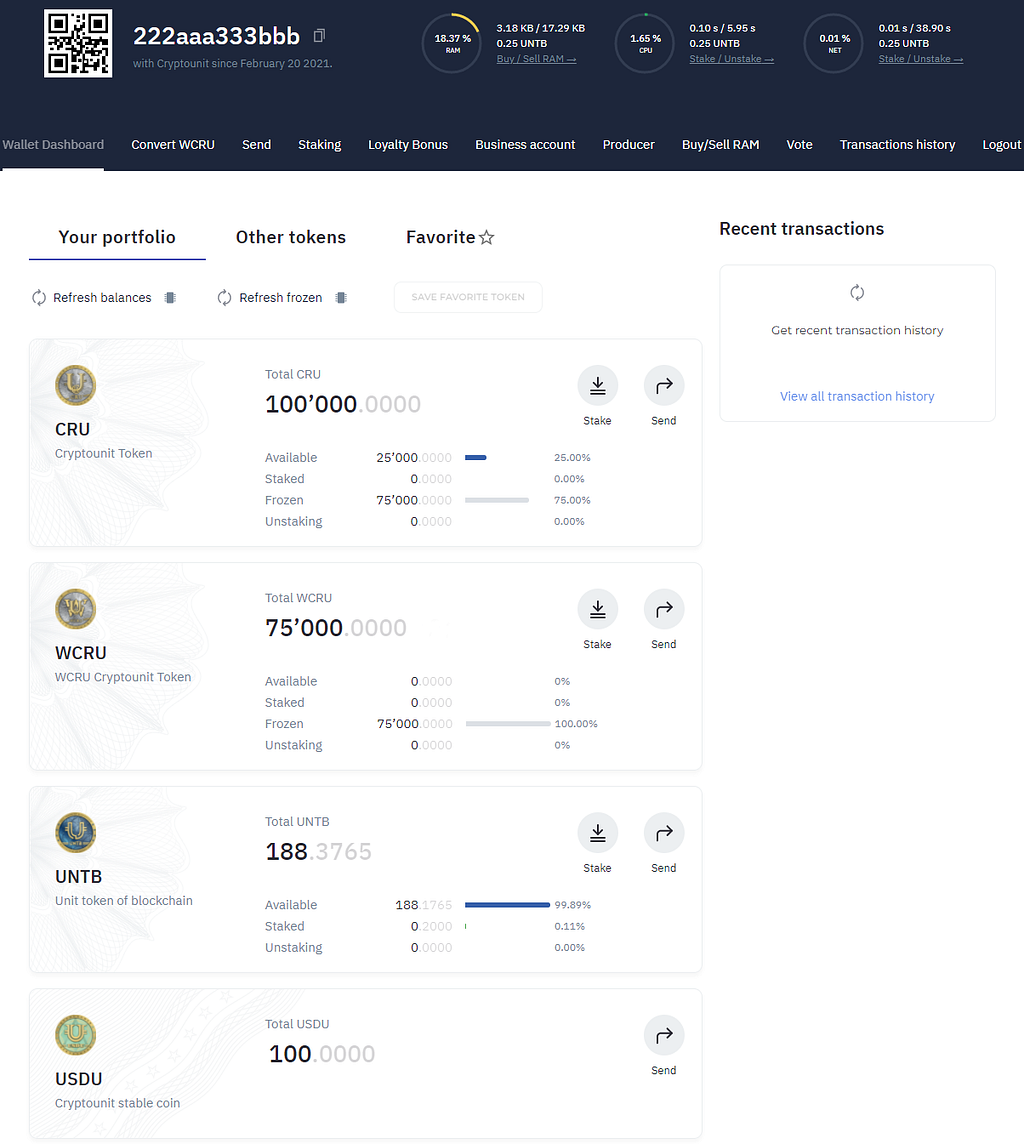 The “Wallet Dashboard” section in the Cryptounit wallet