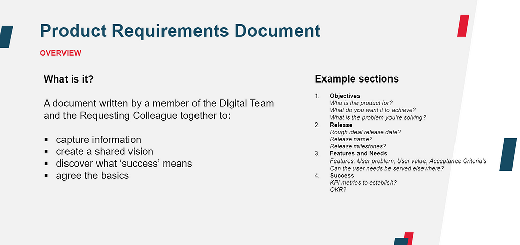 What is it?​
 ​
 
 A document written by a member of the Digital Team and the Requesting Colleague together to:​
 ​
 
 capture information​
 
 create a shared vision​
 
 discover what ‘success’ means​
 
 agree the basics​